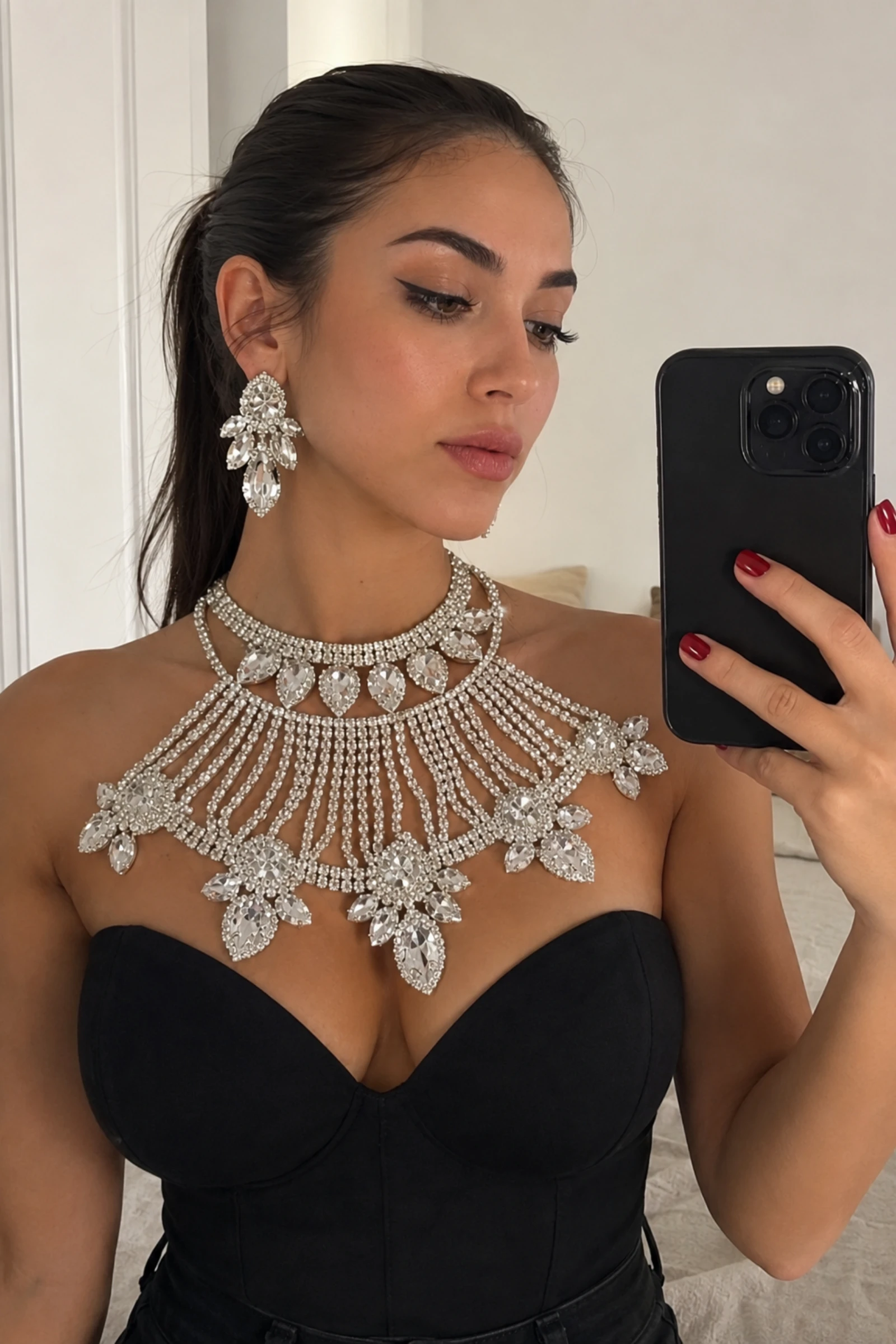 Conjunto joyas collar y pendientes brillantes grande strass plateado 